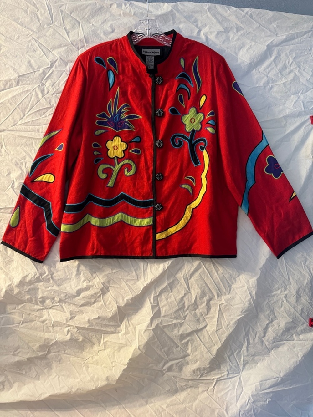 Vintage Art Teacher Eclectic Bright Red Floral Embroidered Cardigan Jacket